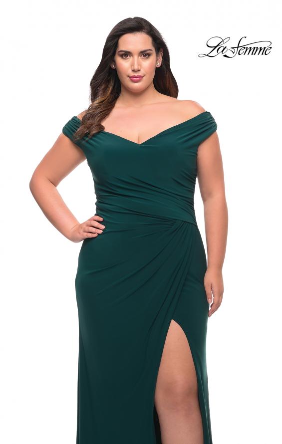 Picture of: Matte Jersey Long Plus Dress with Ruching and Slit in Dark Emerald, Style: 29663, Detail Picture 1