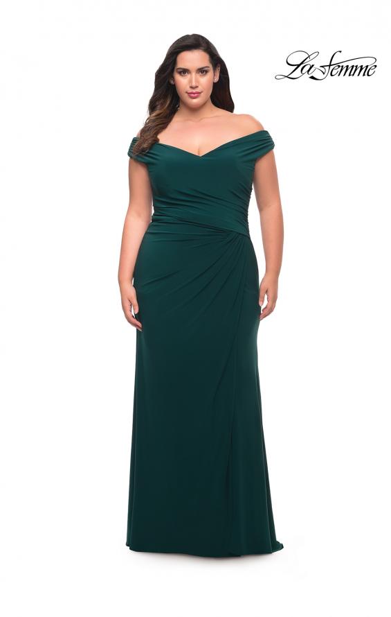 Picture of: Matte Jersey Long Plus Dress with Ruching and Slit in Dark Emerald, Style: 29663, Detail Picture 6