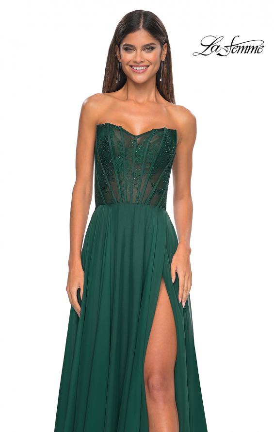 Picture of: Strapless Chiffon Prom Gown with Lace Illusion Bodice in Dark Emerald, Style: 32311, Detail Picture 8