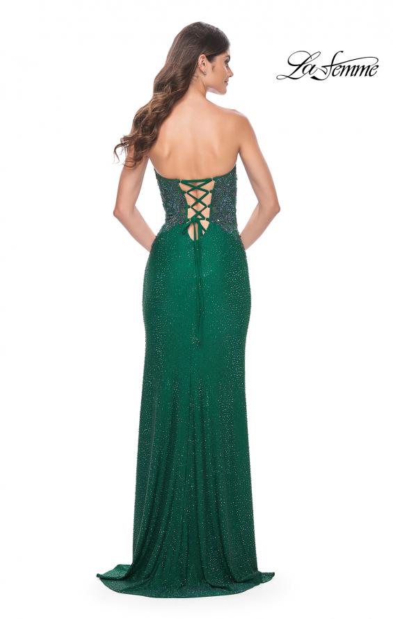 Picture of: Strapless Rhinestone and Beaded Illusion Top Dress with Lace Up Back in Dark Emerald, Style: 32245, Back Picture