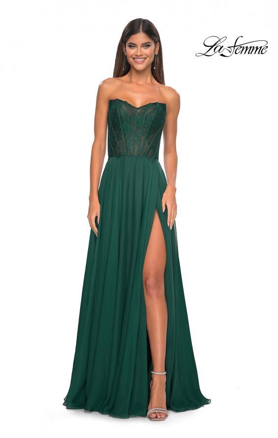 Picture of: Strapless Chiffon Prom Gown with Lace Illusion Bodice in Dark Emerald, Style: 32311, Detail Picture 1