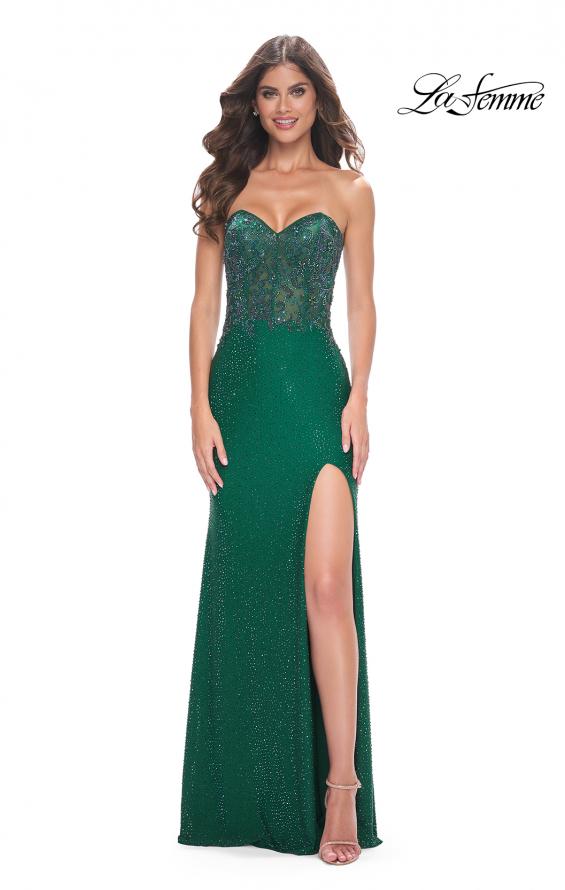 Picture of: Strapless Rhinestone and Beaded Illusion Top Dress with Lace Up Back in Dark Emerald, Style: 32245, Detail Picture 3