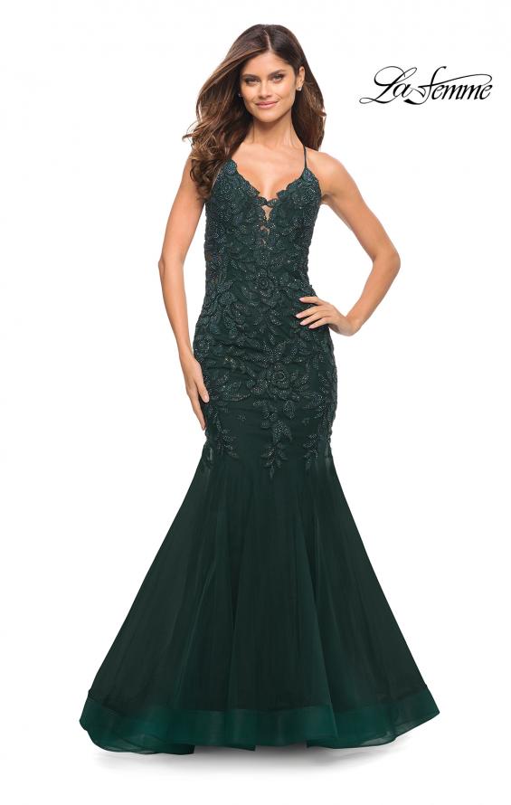 Picture of: Mermaid Tulle and Lace Jeweled Prom Dress in Dark Emerald, Style: 30584, Detail Picture 4
