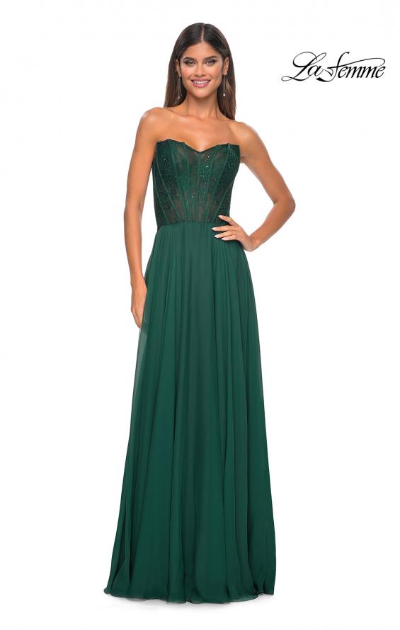 Picture of: Strapless Chiffon Prom Gown with Lace Illusion Bodice in Dark Emerald, Style: 32311, Detail Picture 6