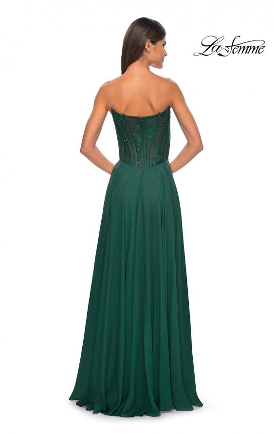 Picture of: Strapless Chiffon Prom Gown with Lace Illusion Bodice in Dark Emerald, Style: 32311, Detail Picture 7