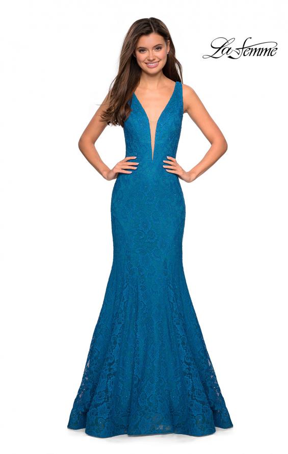 Picture of: Stretch Lace Prom Dress with Plunging Neckline in Dark Turquoise, Style: 27464, Detail Picture 1