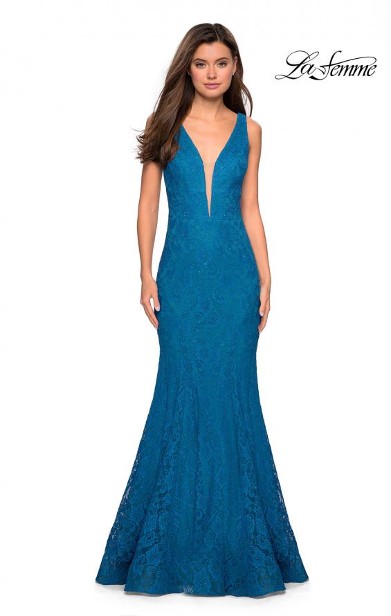 Picture of: Stretch Lace Prom Dress with Plunging Neckline in Dark Turquoise, Style: 27464, Detail Picture 5