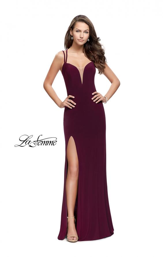 Picture of: Long Classic Prom Dress with Side Leg Slit and Deep V in Burgundy, Style: 25648, Detail Picture 7