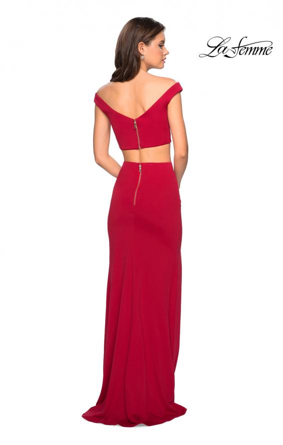 Picture of: Faux Two Piece Long Off the Shoulder Prom Dress in Deep Red, Style: 27496, Back Picture