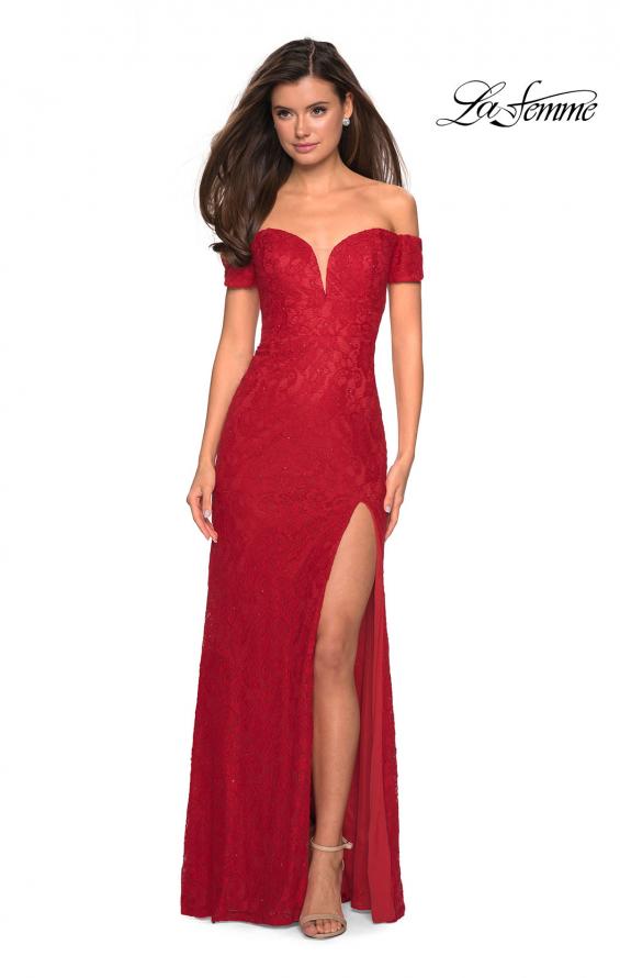 Picture of: Off The Shoulder Long Stretch Lace Prom Dress in Deep Red, Style: 26998, Detail Picture 1