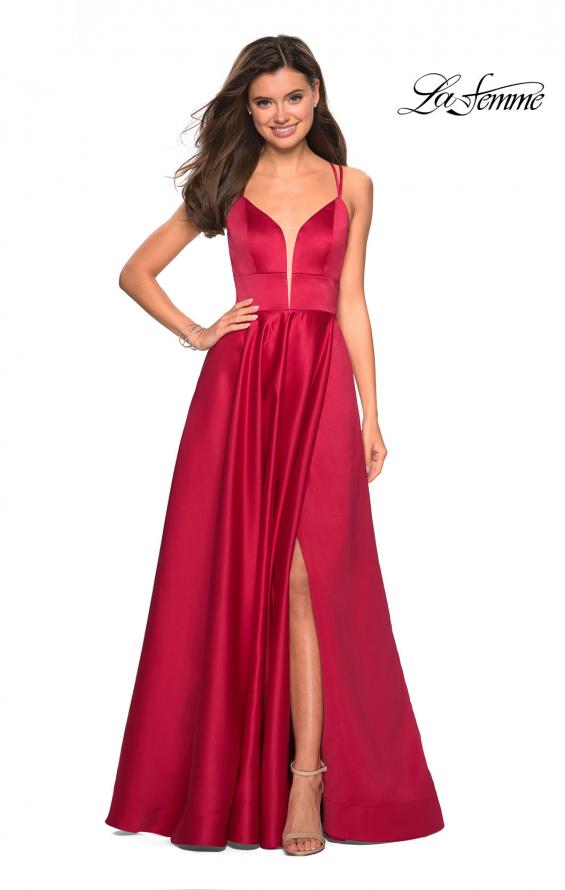 Picture of: Long Satin Formal Gown with Leg Slit and Strappy Back in Deep Red, Style: 26994, Detail Picture 2