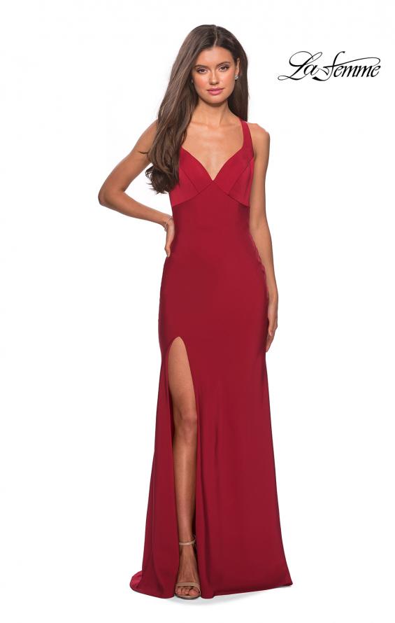 Picture of: Classic Form Fitting Jersey Floor Length Prom Dress in Deep Red, Style: 27581, Detail Picture 3