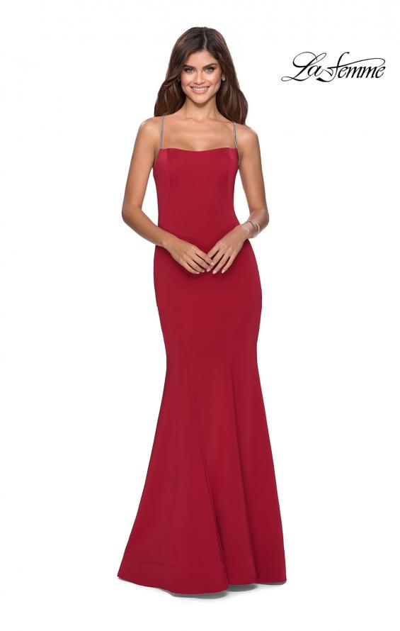 Picture of: Long Jersey Prom Dress with Beaded Strappy Back in Deep Red, Style: 28526, Detail Picture 6