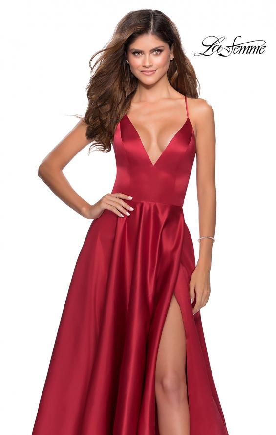 Picture of: V-Neck Satin Prom Dress with Lace Up Back in Deep Red, Style: 28628, Detail Picture 6