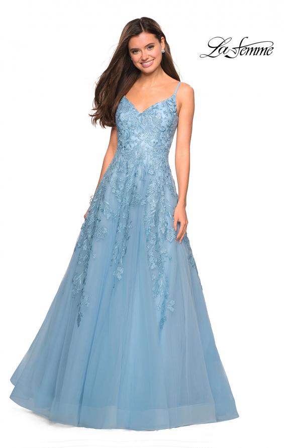 Picture of: Floral Embellished A-Line Tulle Prom Dress in Dusty Blue, Style: 27819, Main Picture