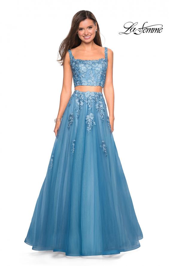 Picture of: Two Piece Floor Length Prom Dress with Lace Detail in Dusty Blue, Style: 27489, Detail Picture 1