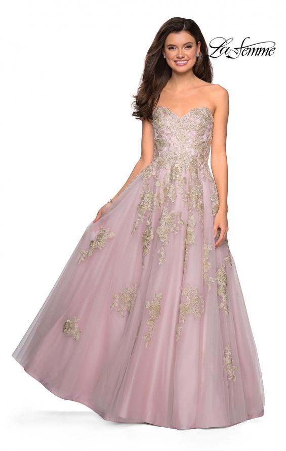 Picture of: Floral Embellished Strapless Prom Gown in Dusty Pink, Style: 27731, Detail Picture 1