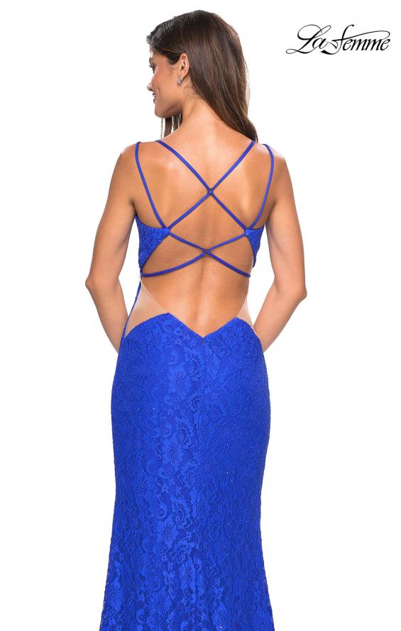 Picture of: Stretch Lace Long Prom Dress with Illusion Sides in Electric Blue, Style: 27029, Back Picture