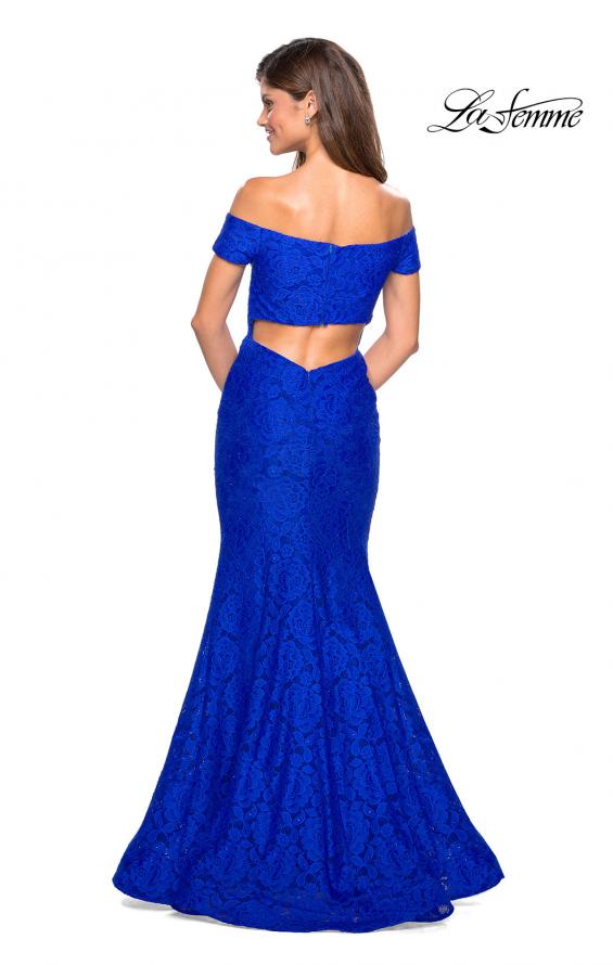Picture of: Stretch Lace Off the Shoulder Mermaid Prom Dress in Electric Blue, Style: 27613, Back Picture