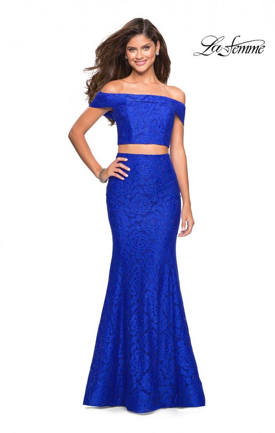 Picture of: Lace Two Piece Off the Shoulder Dress with Rhinestones in Electric Blue, Style: 27443, Detail Picture 1