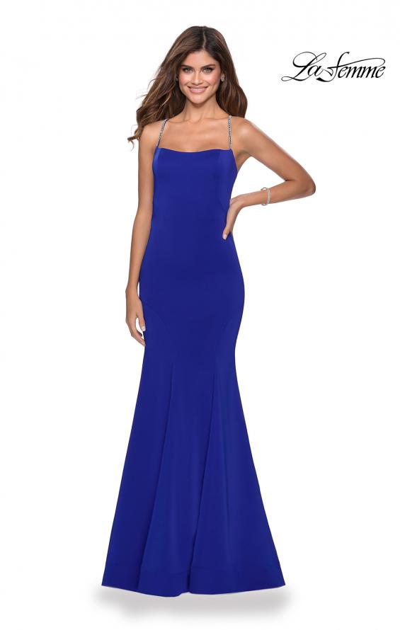 Picture of: Long Jersey Prom Dress with Beaded Strappy Back in Electric Blue, Style: 28526, Detail Picture 1