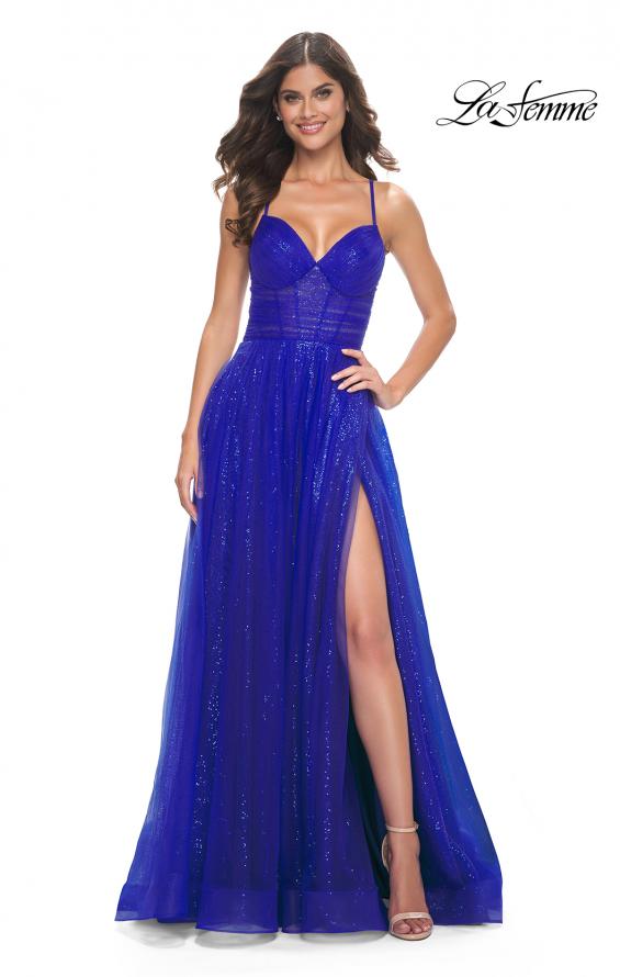 Picture of: A-Line Prom Dress with Sequin Lining and Illusion Top in Electric Blue, Style: 31986, Detail Picture 3
