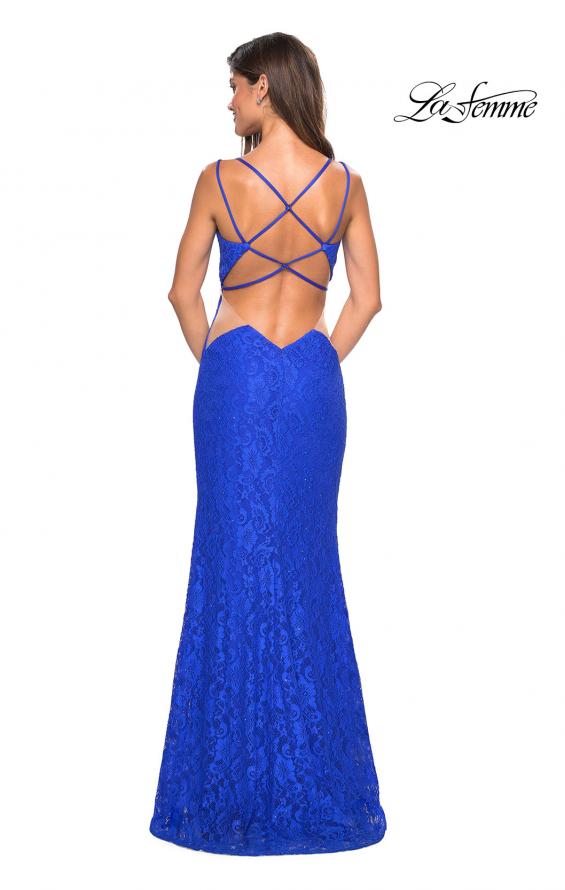 Picture of: Stretch Lace Long Prom Dress with Illusion Sides in Electric Blue, Style: 27029, Detail Picture 4