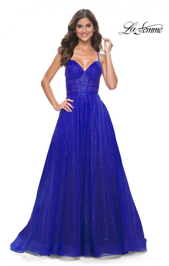 Picture of: A-Line Prom Dress with Sequin Lining and Illusion Top in Electric Blue, Style: 31986, Detail Picture 4