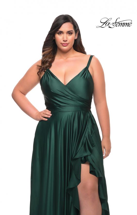 Picture of: Ruffle Slit Satin Long Plus Size Dress with V Neck in Emerald, Style: 29740, Detail Picture 9