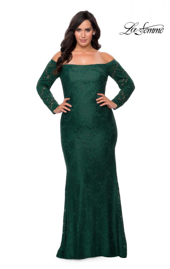 Picture of: Long Sleeve Off The Shoulder Lace Plus Size Dress in Emerald, Style: 28859, Detail Picture 1