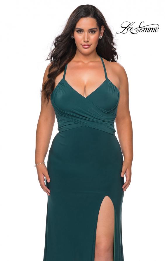 Picture of: Jersey Plus Size Dress with Slit and Lace Up Back in Emerald, Style: 29055, Detail Picture 2