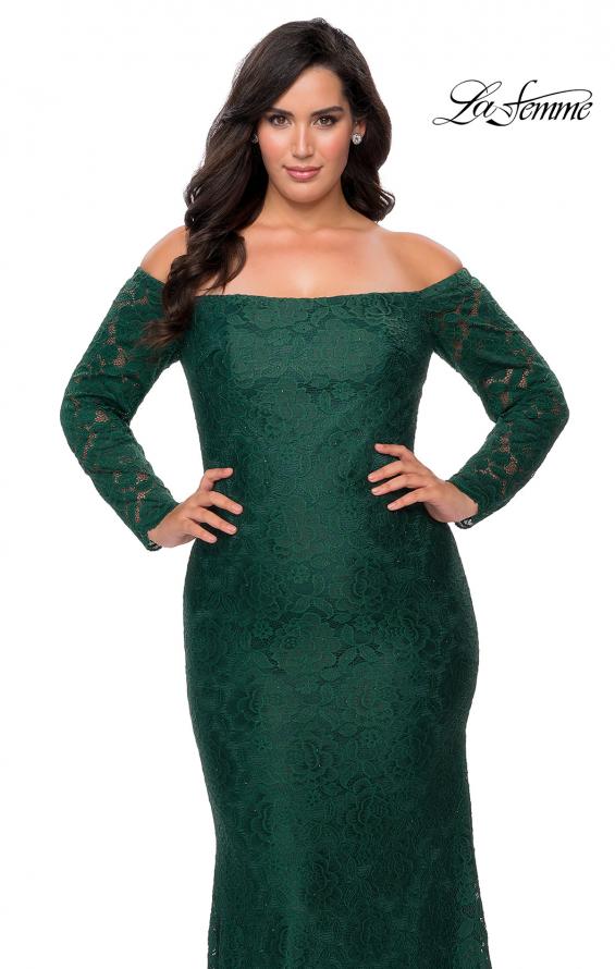 Picture of: Long Sleeve Off The Shoulder Lace Plus Size Dress in Emerald, Style: 28859, Detail Picture 7