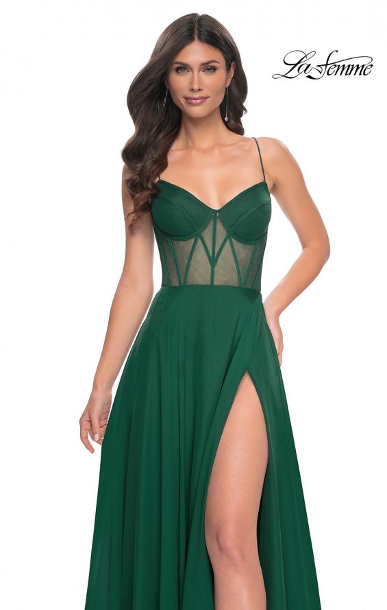 Picture of: Chiffon Gown with Illusion Bustier Top and Lace Up Back in Green, Style: 32296, Main Picture