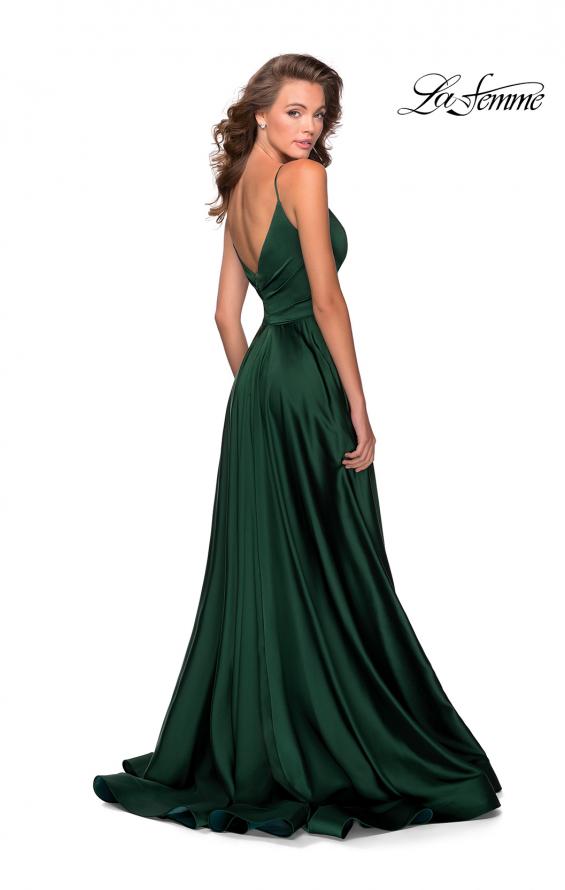 Picture of: Long Satin Dress with Side Slit and V Shaped Back in Emerald, Style: 28607, Back Picture