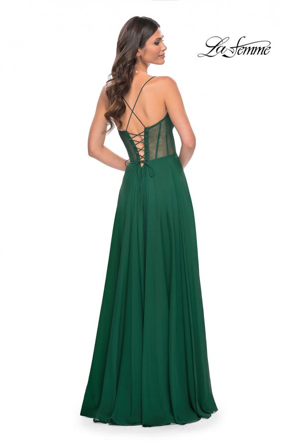 Picture of: Chiffon Gown with Illusion Bustier Top and Lace Up Back in Green, Style: 32296, Back Picture