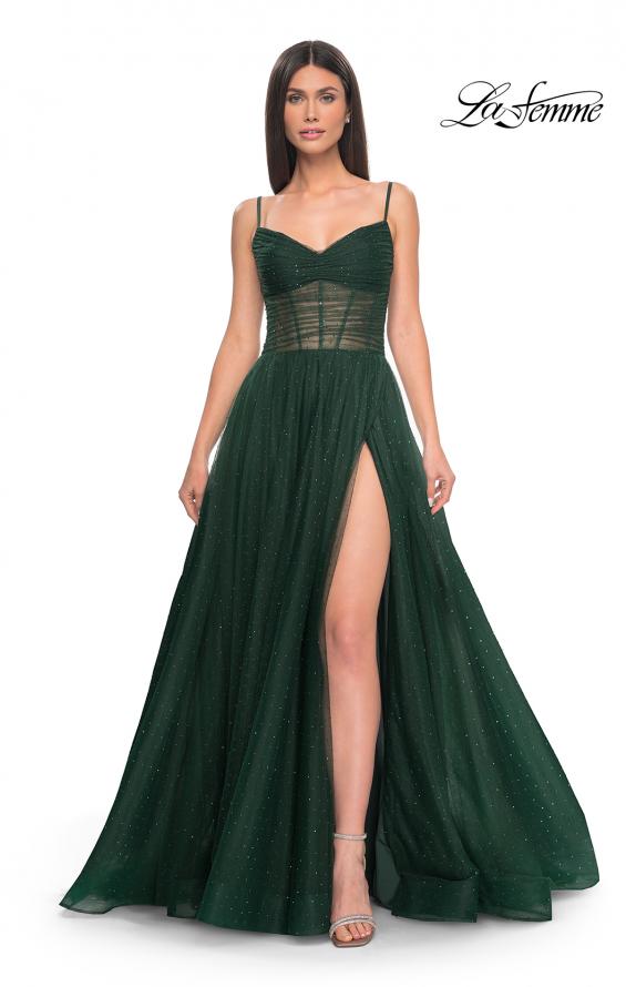 Picture of: A-Line Rhinestone Tulle Embellished Gown with Illusion Top in Emerald, Style: 31970, Detail Picture 1