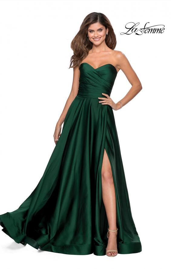 Picture of: Strapless Satin Gown with Pleated Bodice and Slit in Emerald, Style: 28608, Detail Picture 2