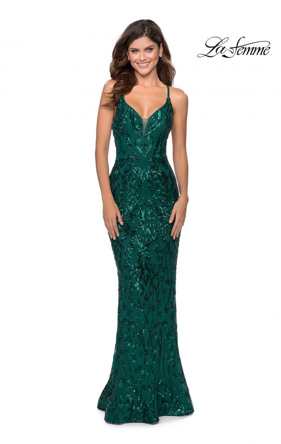 Picture of: Long Prom Dress with Intricate Sequin Lace Design in Emerald, Style: 28828, Detail Picture 3