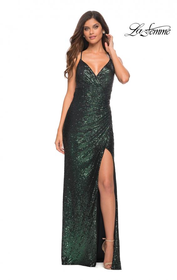 Picture of: Long Sequin Gown in Jewel Tones with V Neckline in Emerald, Detail Picture 3