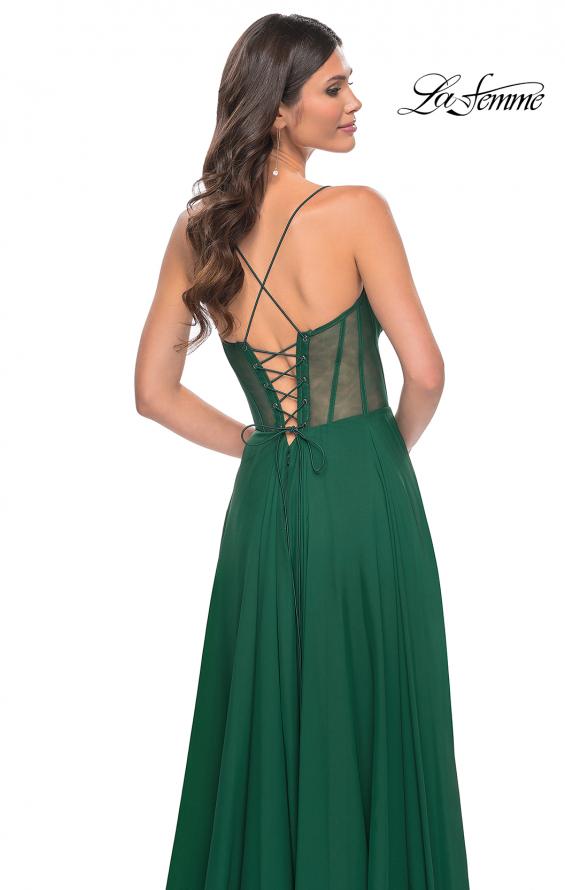 Picture of: Chiffon Gown with Illusion Bustier Top and Lace Up Back in Green, Style: 32296, Detail Picture 4