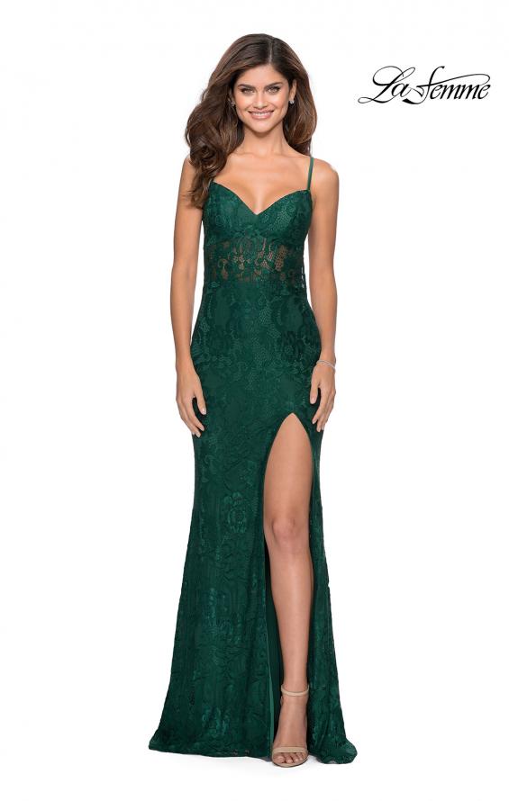 Picture of: Lace Prom Gown With Sheer Bodice and Tie Up Back in Emerald, Style: 28534, Detail Picture 5