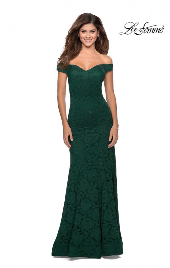 Picture of: Long Off the Shoulder Prom Dress with Lace Up Back in Emerald, Style: 28545, Detail Picture 6
