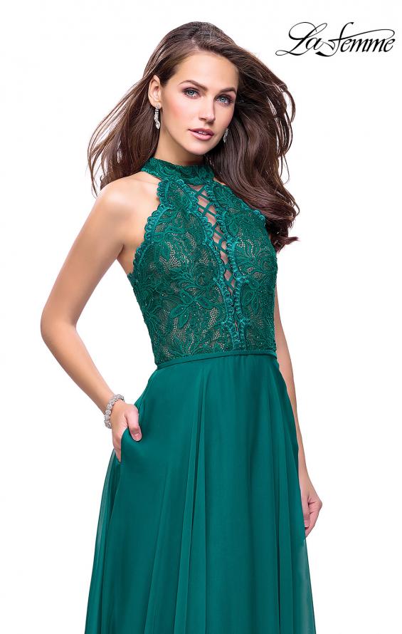 Picture of: Long A Line Chiffon Dress with Lace Up Neckline in Forest Green, Style: 25347, Detail Picture 2