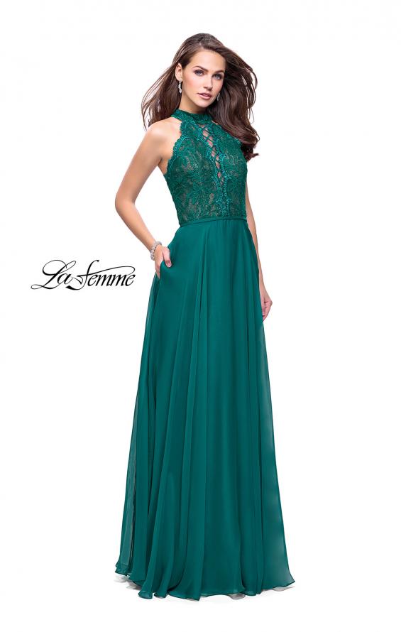 Picture of: Long A Line Chiffon Dress with Lace Up Neckline in Forest Green, Style: 25347, Detail Picture 5
