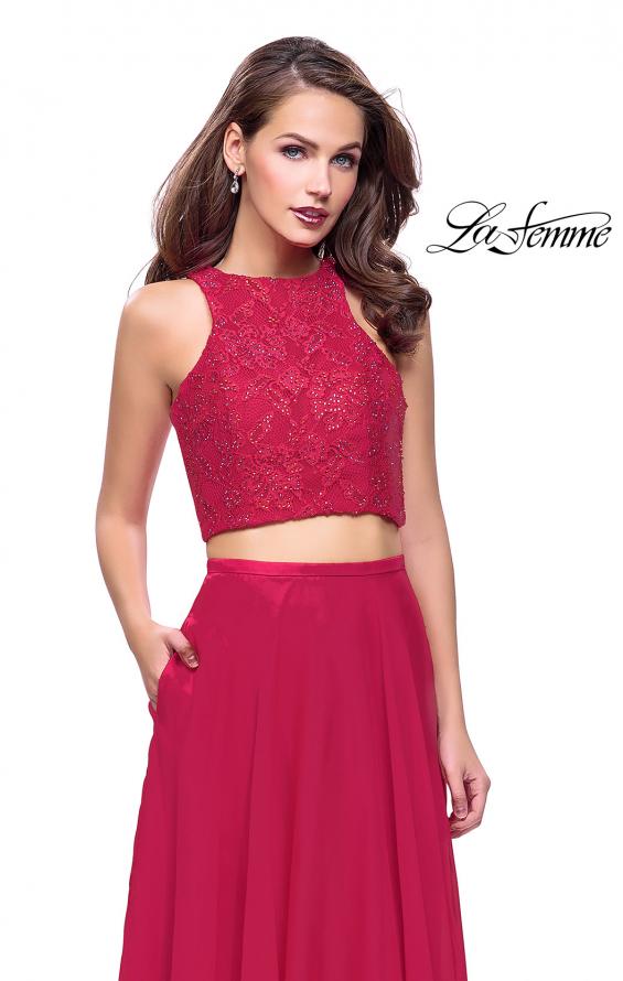 Picture of: Two Piece Prom Gown with Beaded lace Top and Pockets in Fuchsia, Style: 26087, Detail Picture 2