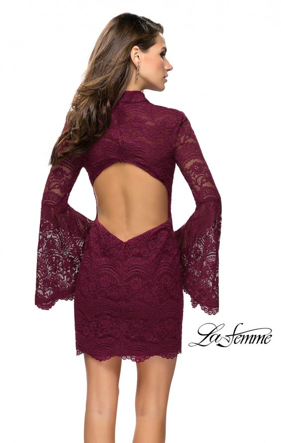 Picture of: Lace Bell Sleeve Homecoming Dress with High Neckline in Garnet, Style: 26668, Back Picture