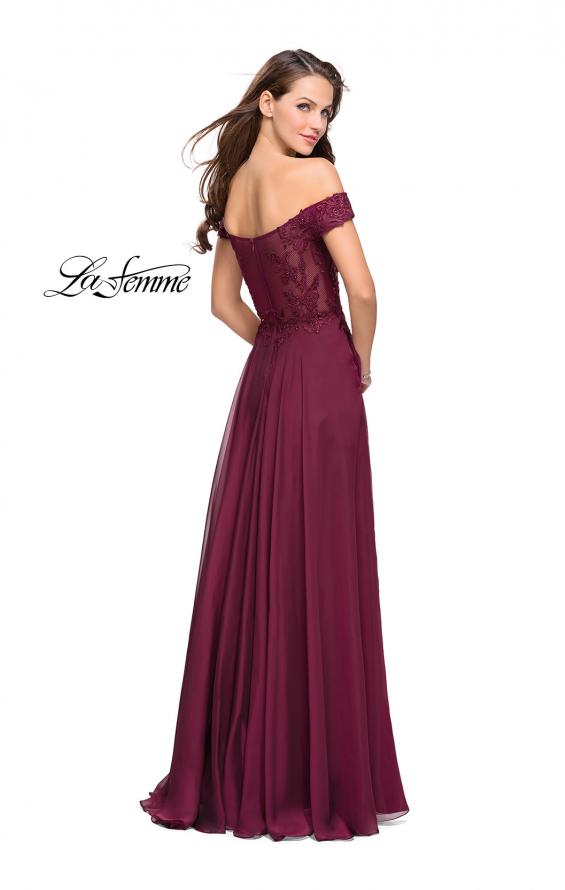 Picture of: Chiffon Prom Dress with Off the Shoulder Lace Top in Garnet, Style: 25129, Back Picture