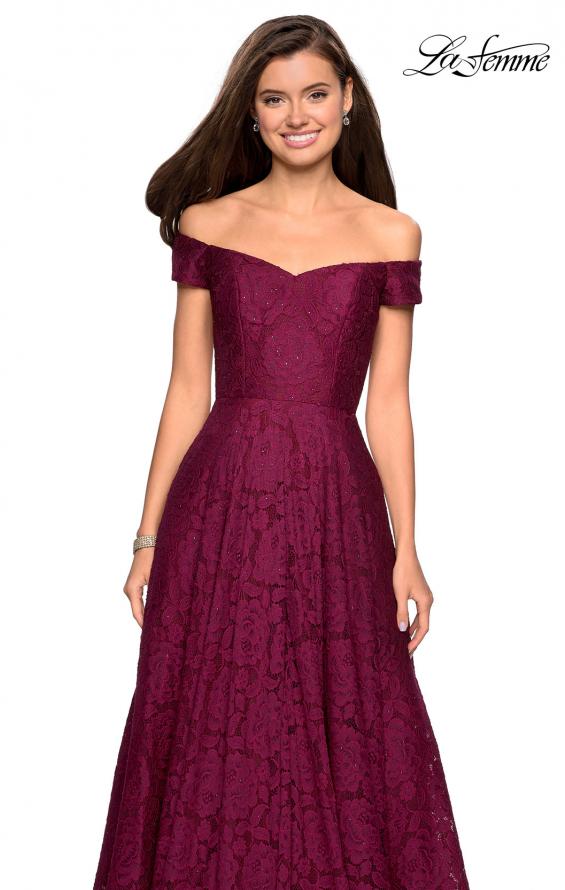 Picture of: Off the Shoulder Floor Length Dress with Rhinestones in Garnet, Style: 27556, Detail Picture 1