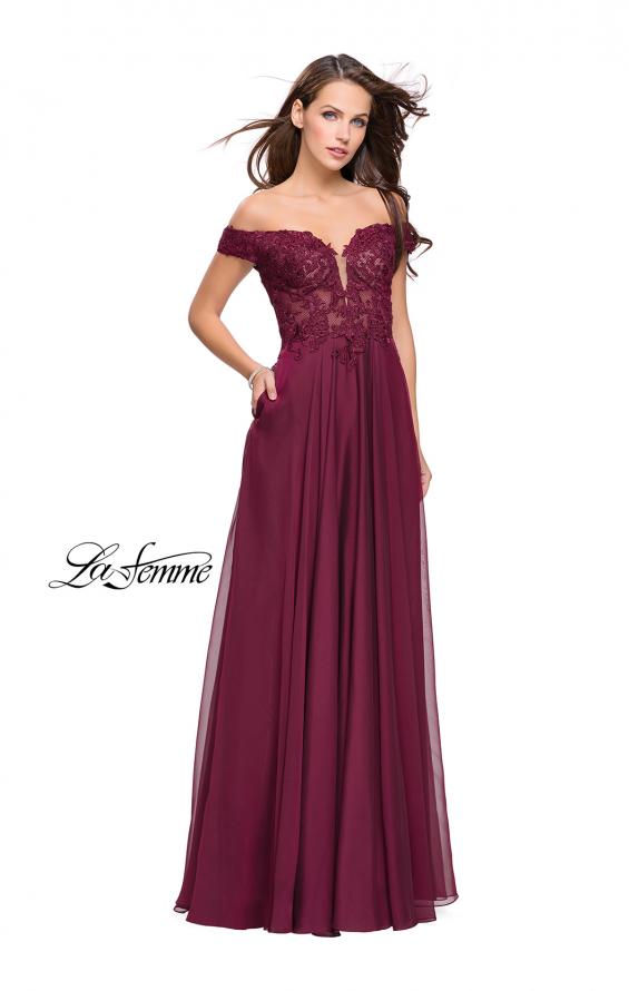 Picture of: Chiffon Prom Dress with Off the Shoulder Lace Top in Garnet, Style: 25129, Detail Picture 3