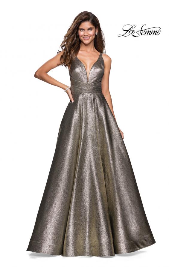 Picture of: Metallic A-Line Prom Gown with Criss Cross Strappy Back in Gold Black, Style: 27532, Main Picture